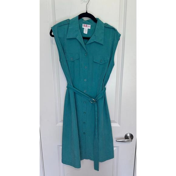 Vintage R&K Originals Women's sz 10P Button Down Shift Dress Turquoise Sash 90s - Picture 5 of 12